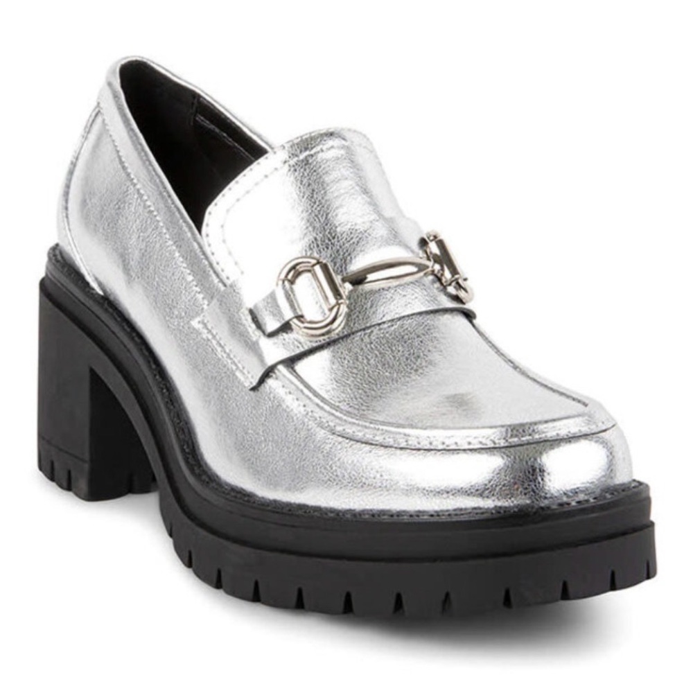 Steve Madden Bessa Silver Platform Loafers Size 39 Vegan Leather Chunky Heel